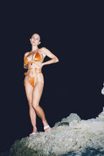 Load image into Gallery viewer, wrap around metallic wet look bikini top in tangerine

