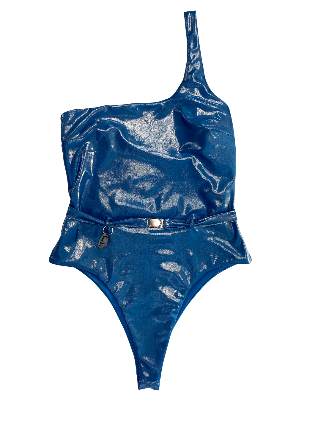 one shoulder metallic wet look swimsuit in ocean